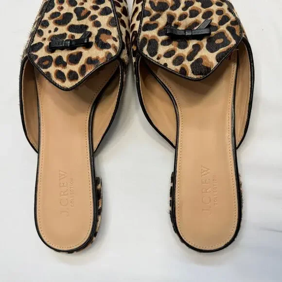 J.Crew Leopard Calf Hair Piped Loafer Mules Women’s Size 9 Leather Slip On Flats - Picture 4 of 7